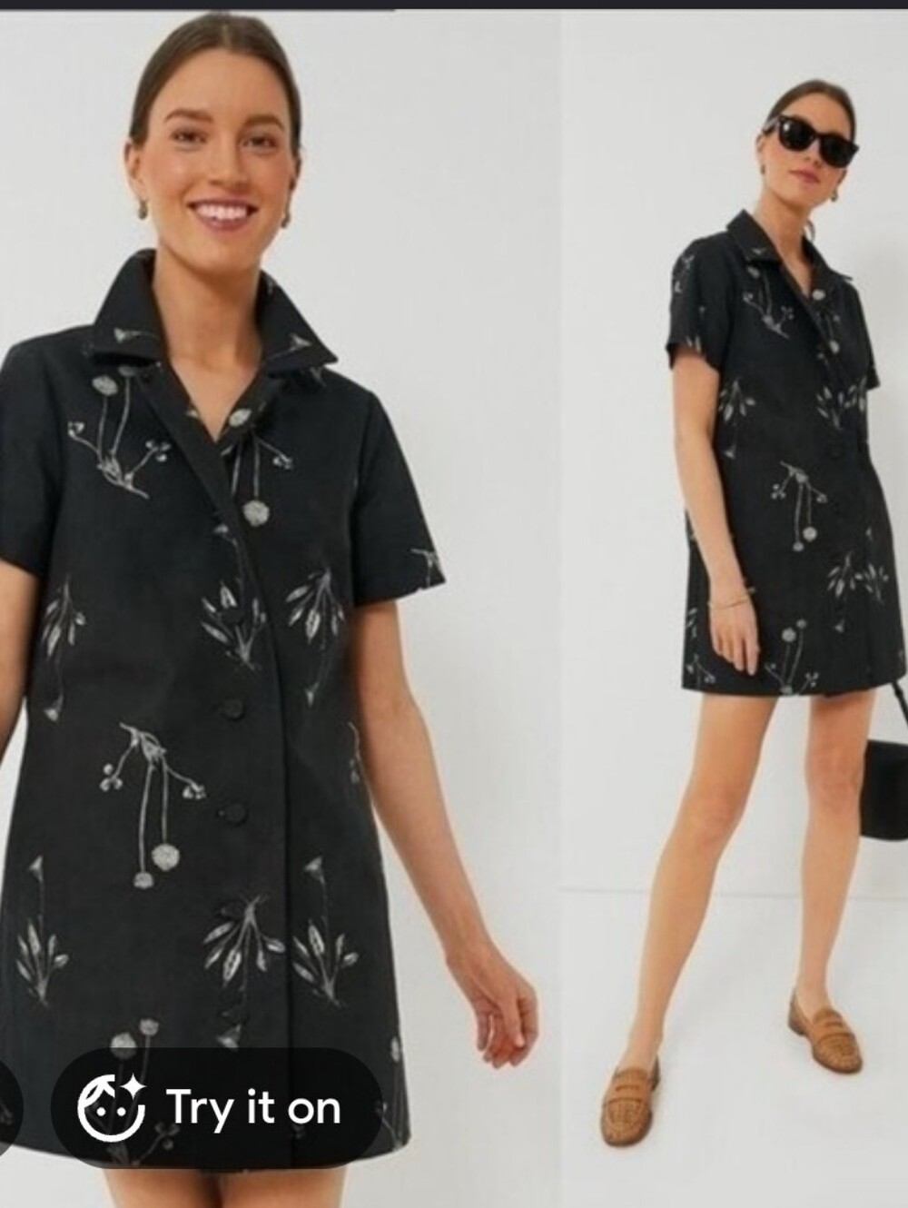 Tuckernuck Black Meadow Rue Short Shirt Dress with White Floral Print